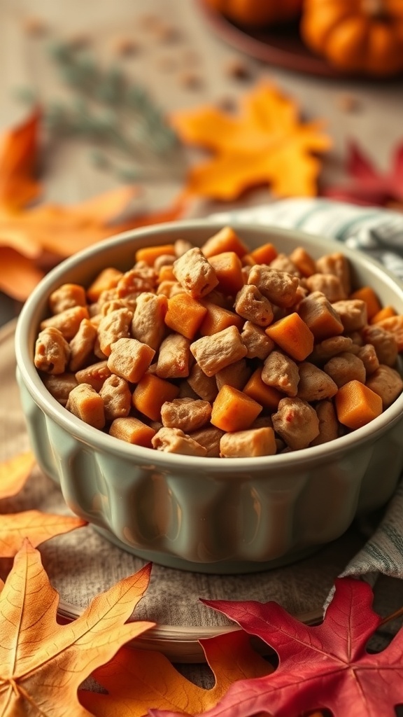 A bowl of turkey and pumpkin dog food, surrounded by autumn leaves.