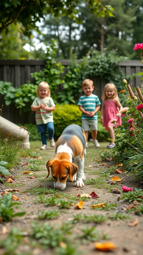 A Beagle exploring a garden with three children playing in the background.