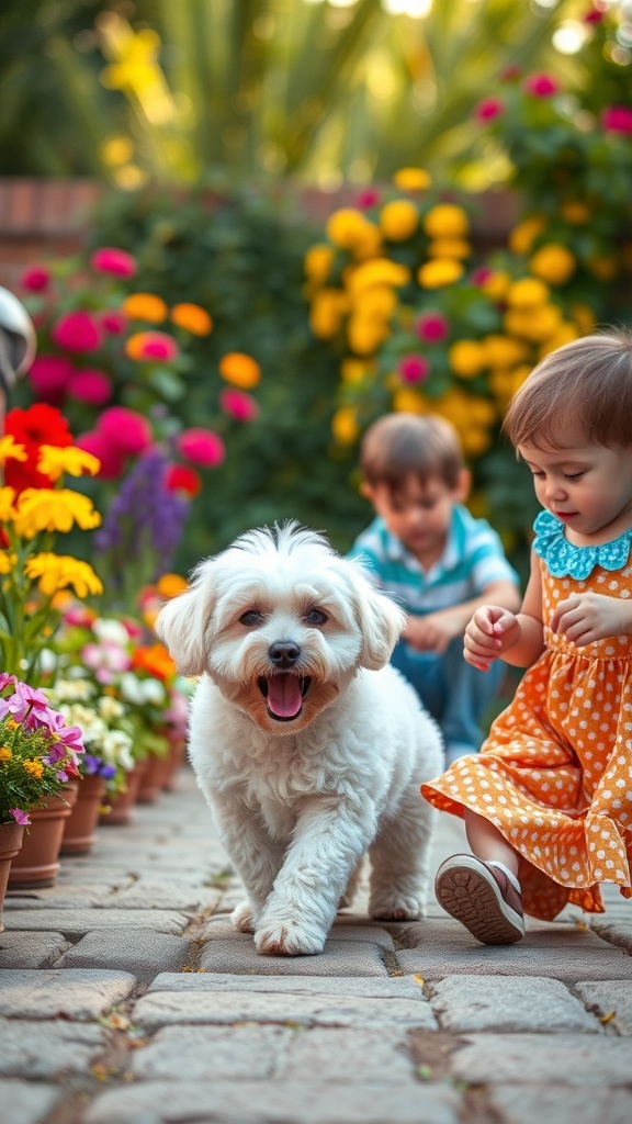 A cheerful Bichon Frise walking on a garden path with colorful flowers, accompanied by two children playing in the background.