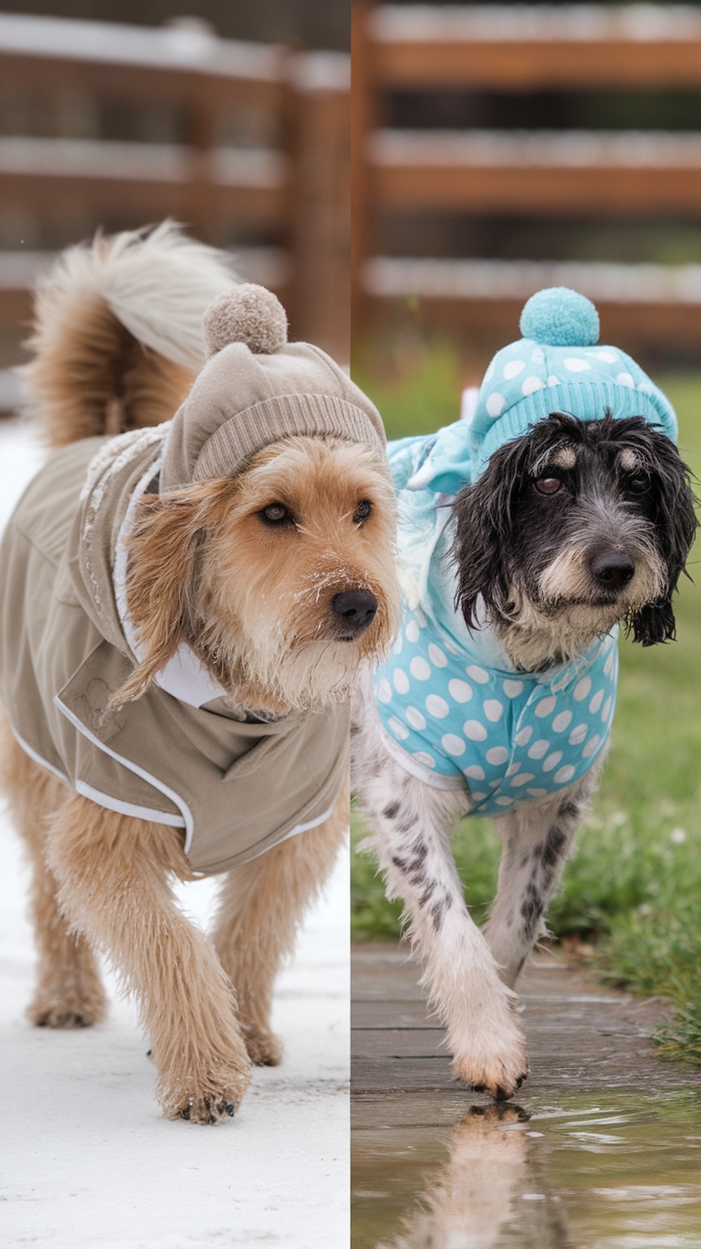 Two dogs wearing winter jackets walking on a snowy path with a person in the background.