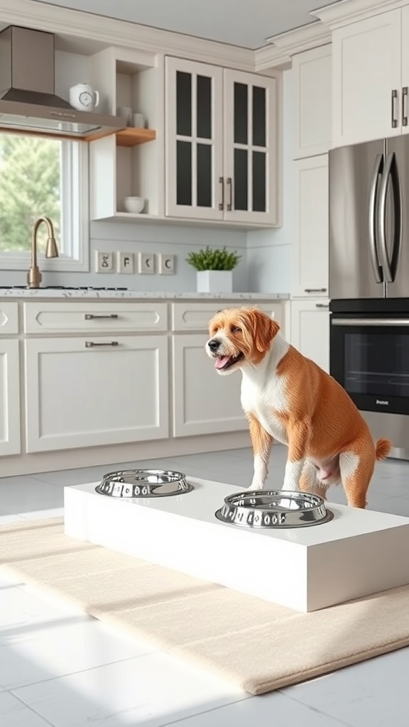 A dog standing by a personalized feeding station with metal bowls on a white platform in a modern kitchen.
