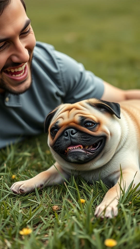 A happy pug lying in the grass with a red ball, showcasing its playful personality.