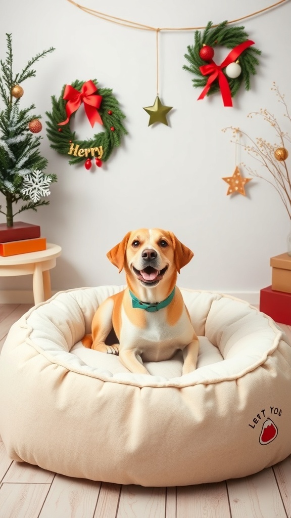 A happy dog sitting in a cozy bed surrounded by festive decorations, including wreaths and a Christmas tree.