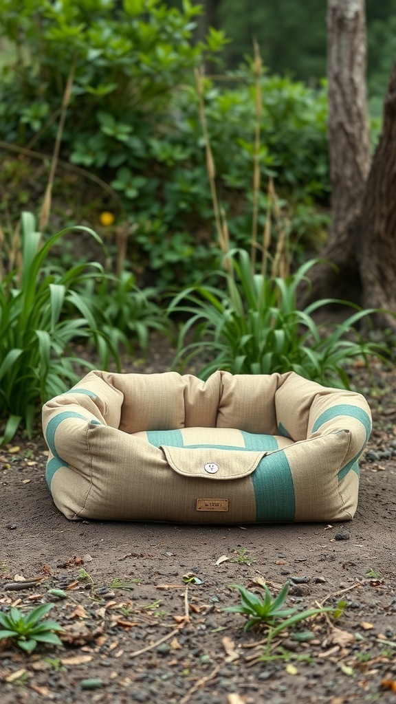 A cozy dog bed made from recycled materials, set in a natural outdoor environment.