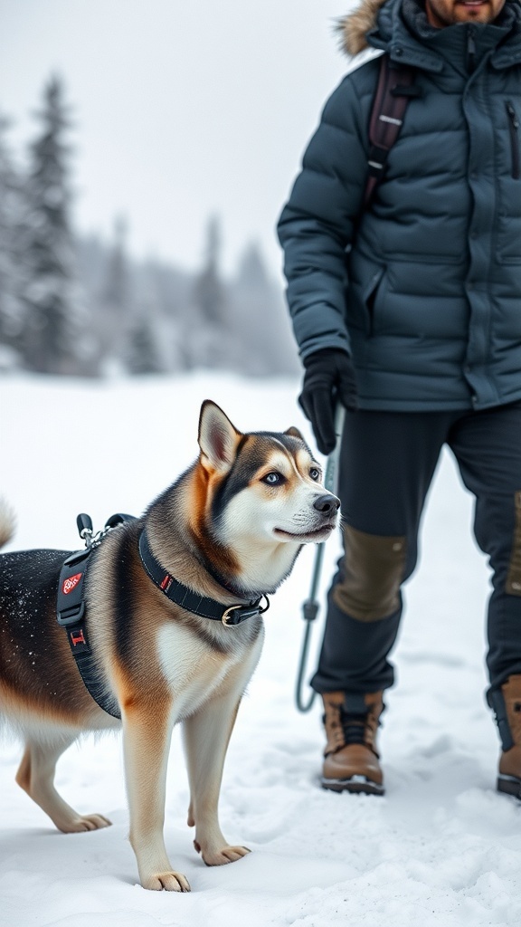 A Siberian Husky in a harness standing in the snow next to a person wearing winter gear.