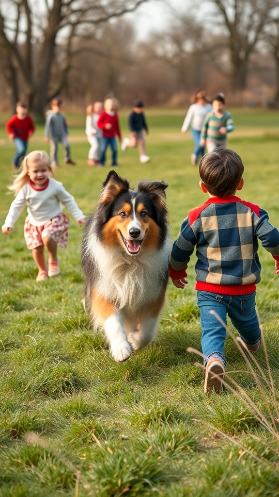 A Collie running with children in a park, showcasing joy and companionship.
