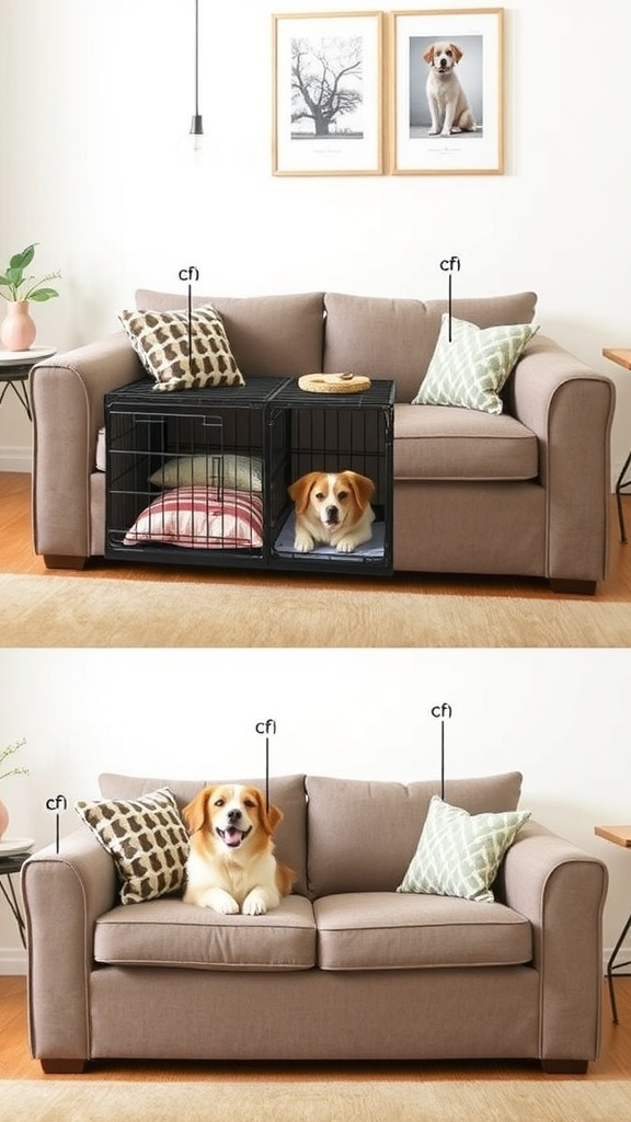 A happy dog sitting in a stylish crate integrated into a sofa, surrounded by cushions.