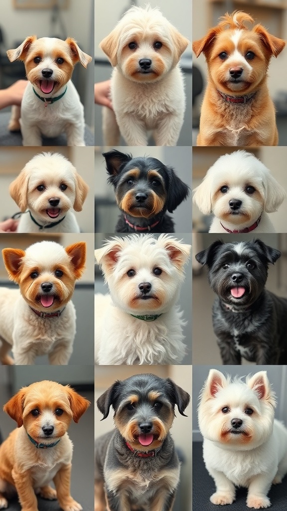 A collage of various dogs with different haircuts, showcasing their unique styles.
