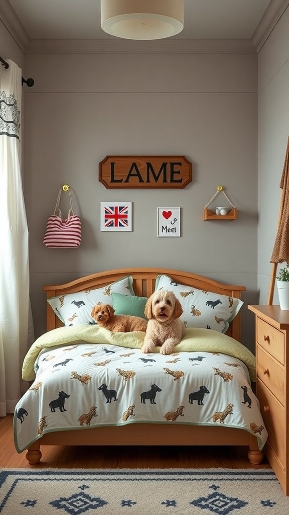 A cozy dog bedroom featuring two dogs on a dog-themed bed with playful decor.