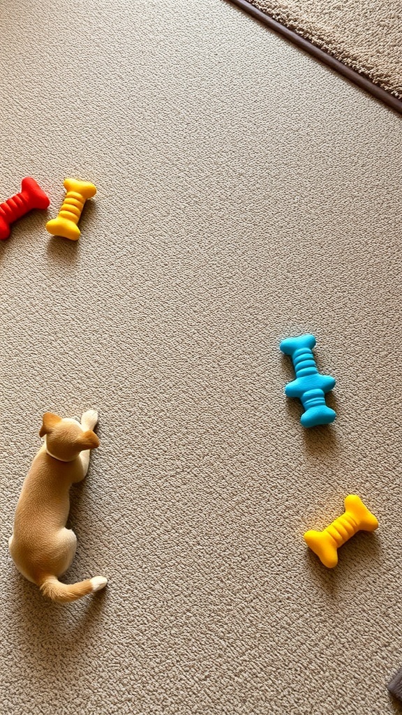 A playful dog lying on a carpet with colorful dog toys scattered around.