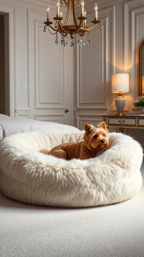 A small dog relaxing in a luxurious round faux fur dog bed in a stylish room.