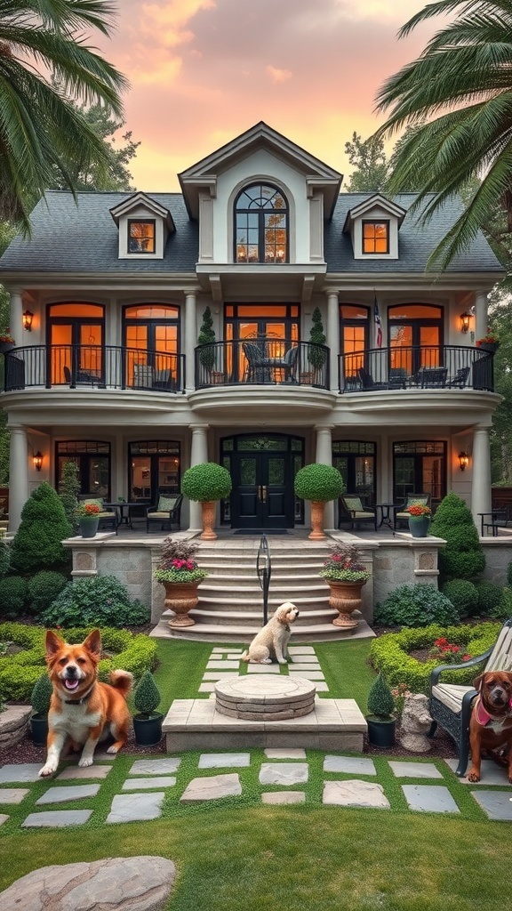 A luxurious outdoor dog mansion with three dogs in a beautifully landscaped yard.