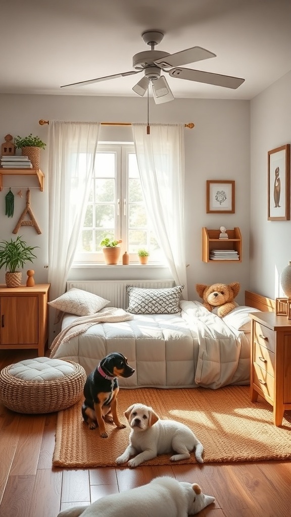 A cozy dog bedroom featuring two dogs, soft bedding, and warm decor.