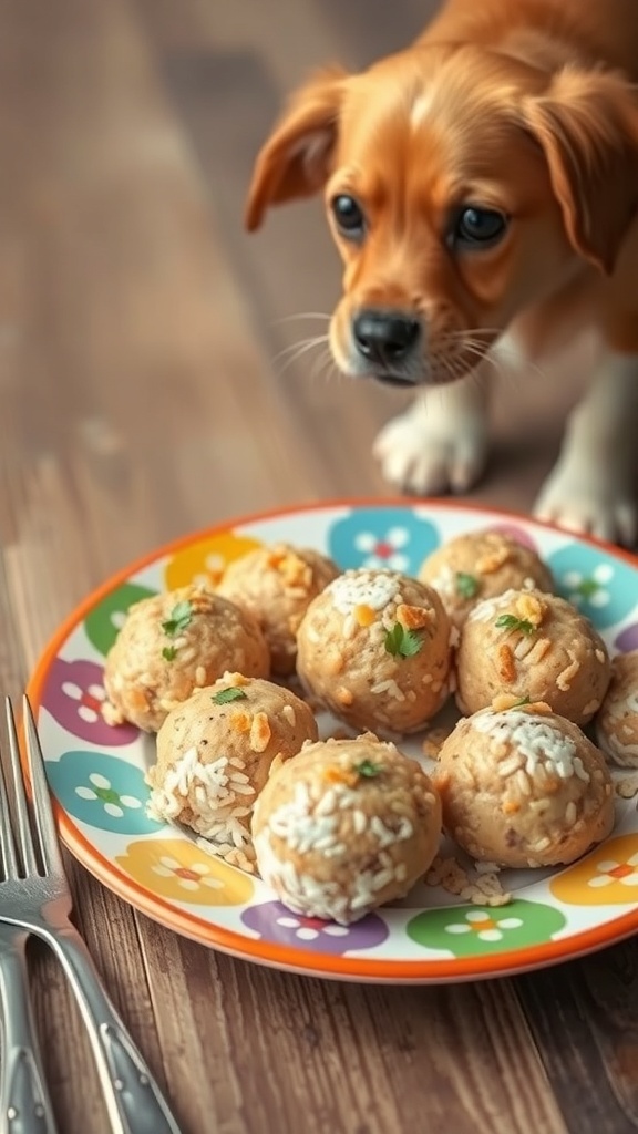 A plate of chicken and rice balls with a curious dog nearby.