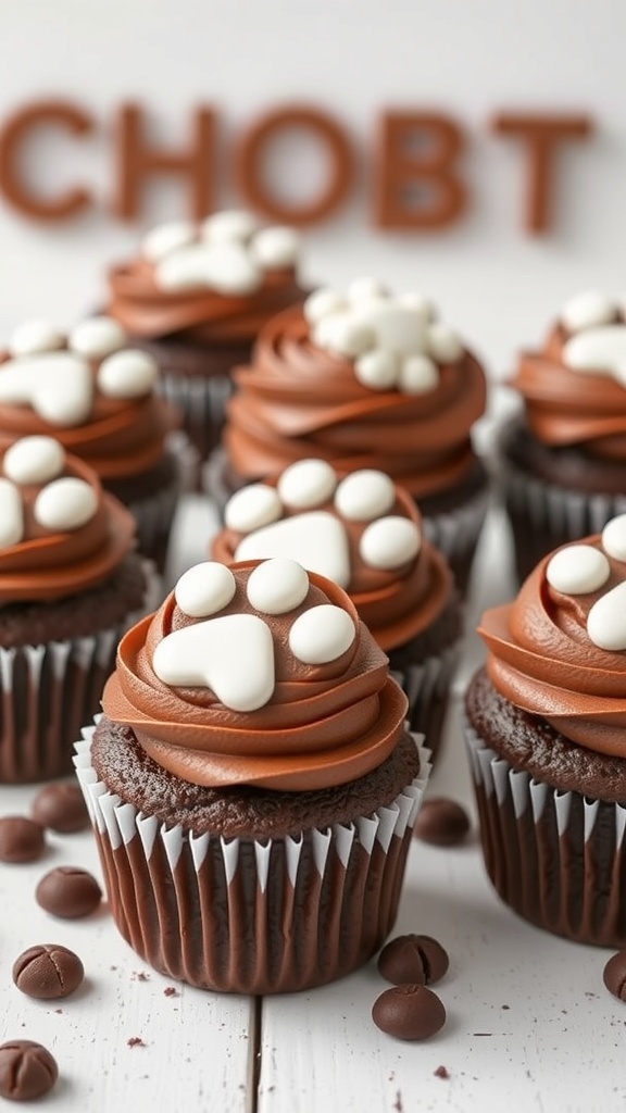 Chocolate carob cupcakes with paw print decorations