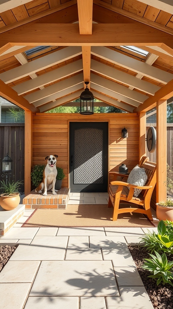 A luxury outdoor dog kennel with a wooden structure, featuring a dog sitting on the steps and a cozy chair.