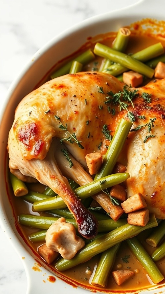 A delicious turkey and green bean casserole for dogs, featuring tender turkey pieces and vibrant green beans.