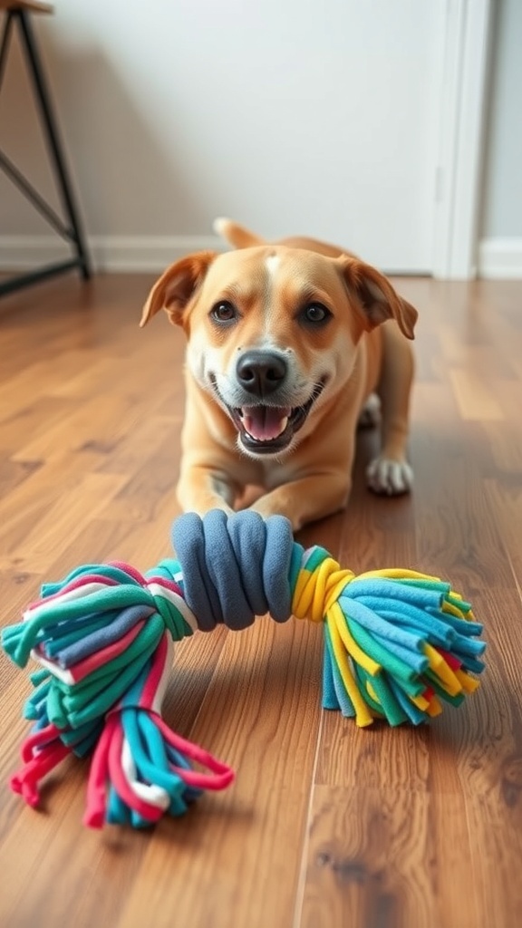A happy dog playing with a colorful tug toy made from upcycled t-shirts.