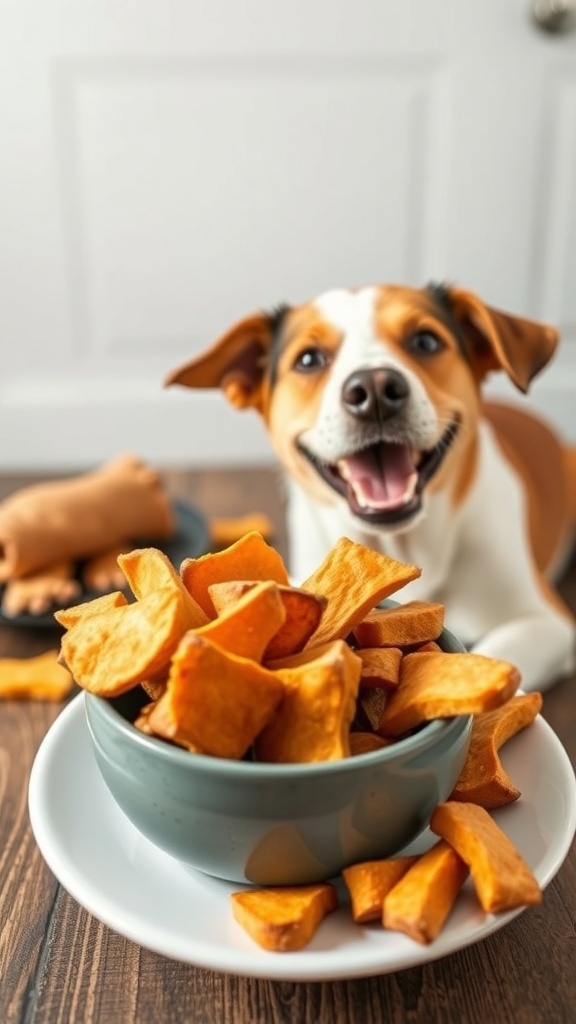 A happy dog with a bowl of sweet potato chews