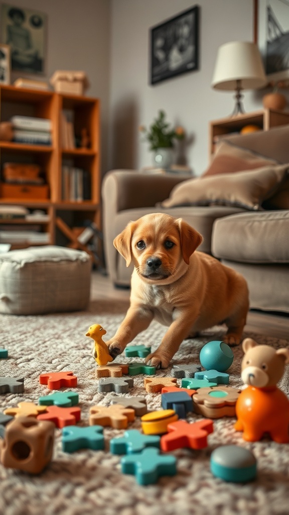 A playful puppy surrounded by colorful toys on a rug, illustrating the importance of mental stimulation in dog training.