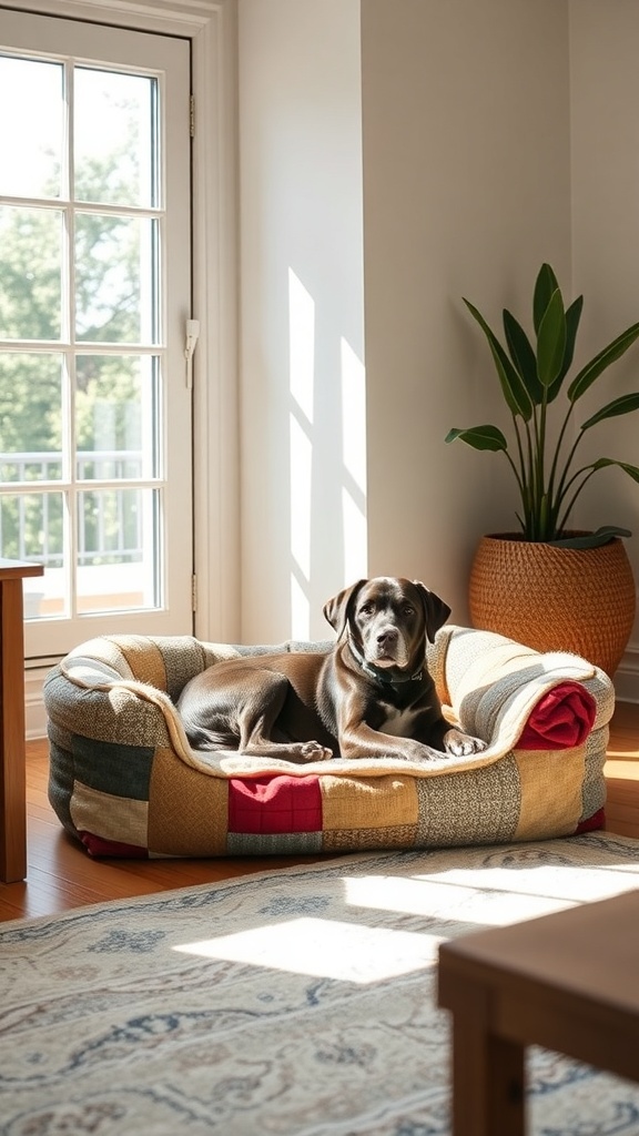 A dog resting in a handmade bed made from recycled materials, with sunlight streaming through a window.