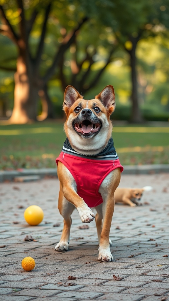 A happy dog wearing sporty red activewear, playing with balls in a park.