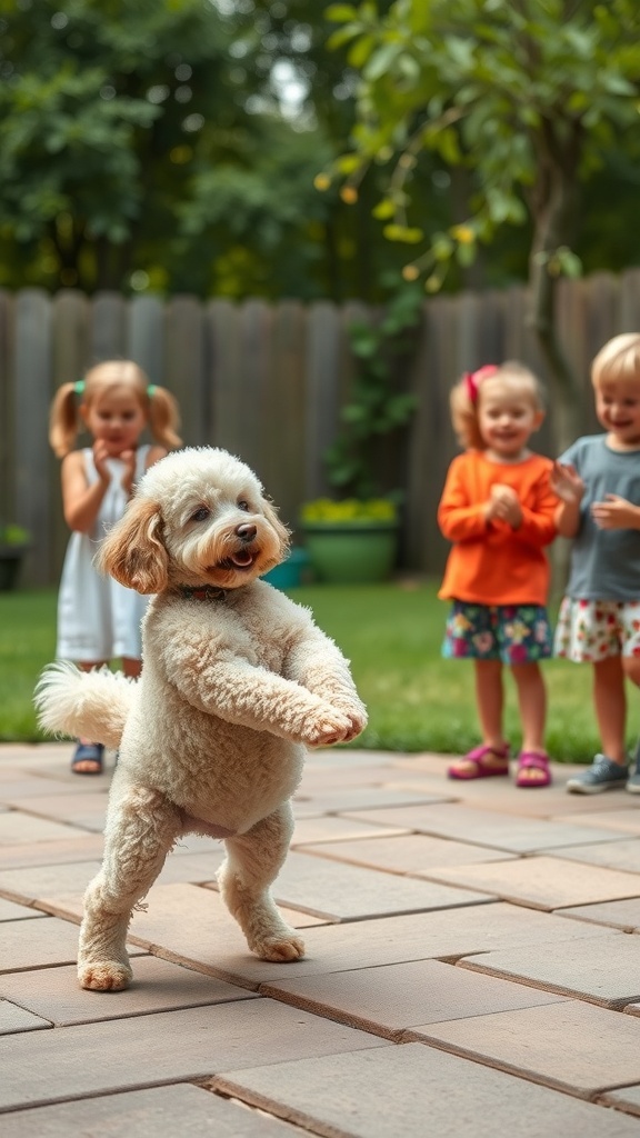A cheerful Poodle dancing with children clapping in the background