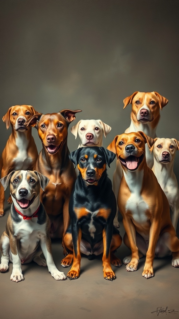 A group of nine dogs of various breeds sitting together, showcasing their unique personalities.