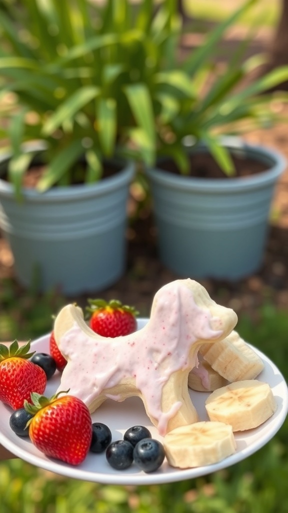 A plate of homemade banana and yogurt frozen dog treats shaped like dogs, surrounded by strawberries, blueberries, and banana slices.
