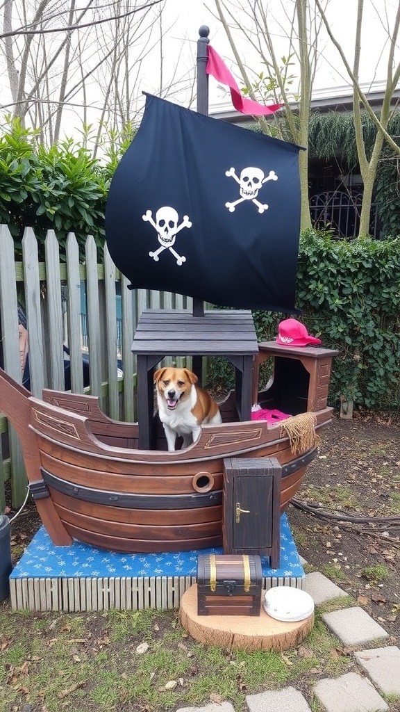 A themed dog house designed like a pirate ship with a dog inside.