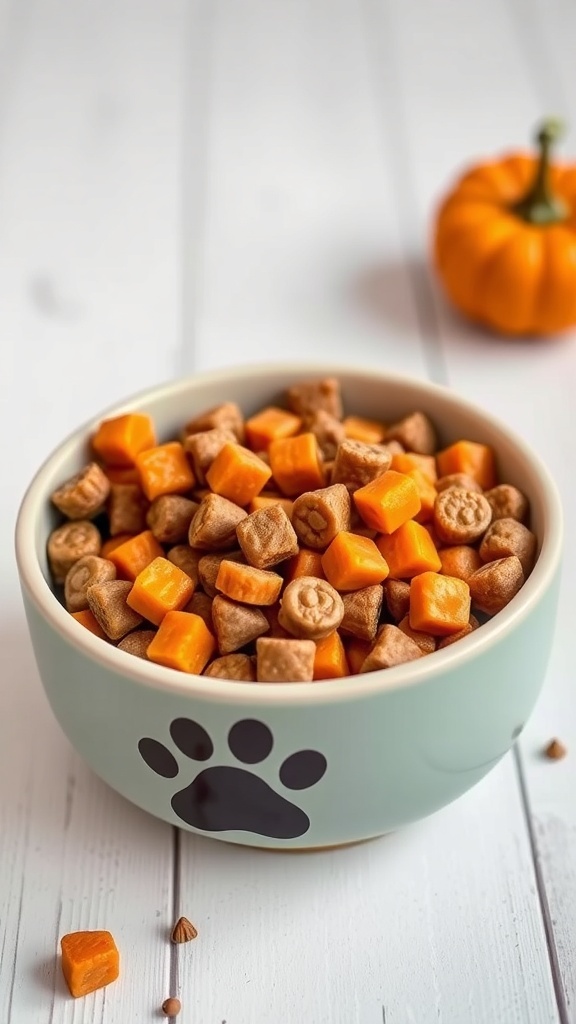 Bowl of homemade dog treats with salmon and pumpkin
