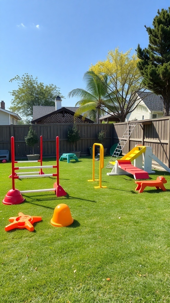 Colorful outdoor play area for dogs with agility equipment and grassy surface.