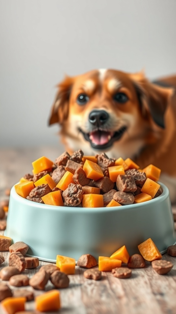 A bowl of beef and sweet potato medley for dogs, with a happy dog in the background.