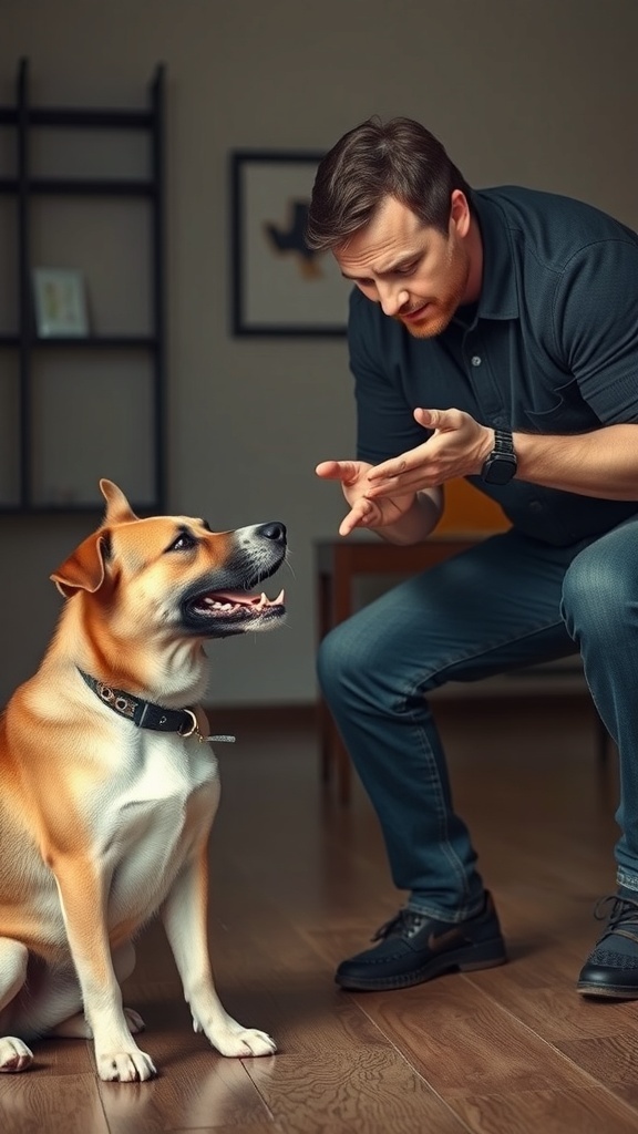 A dog trainer interacting with a dog in a training session.