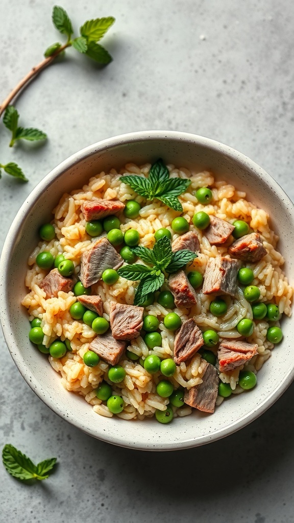 A bowl of Duck and Pea Risotto with green peas and mint leaves