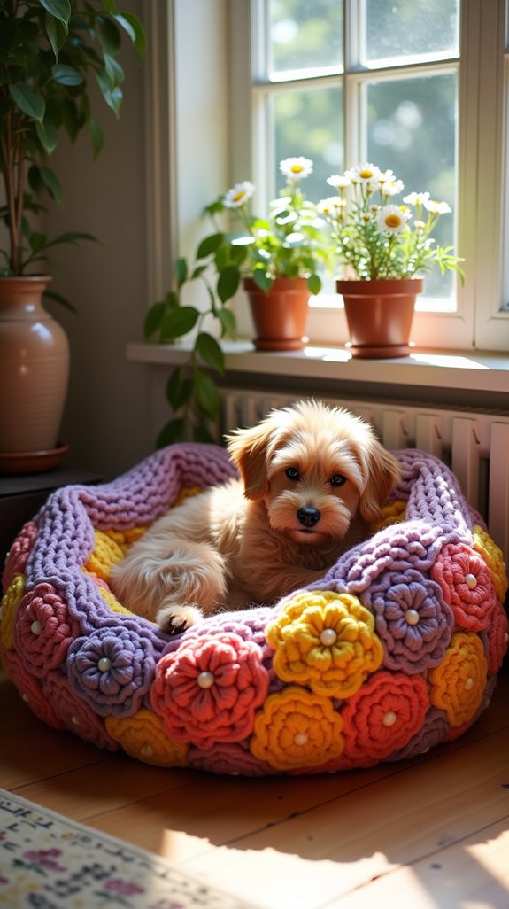 colorful crochet dog bed
