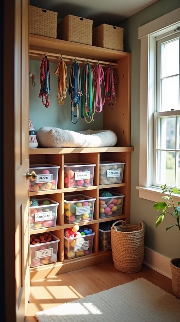 organized dog supply closet